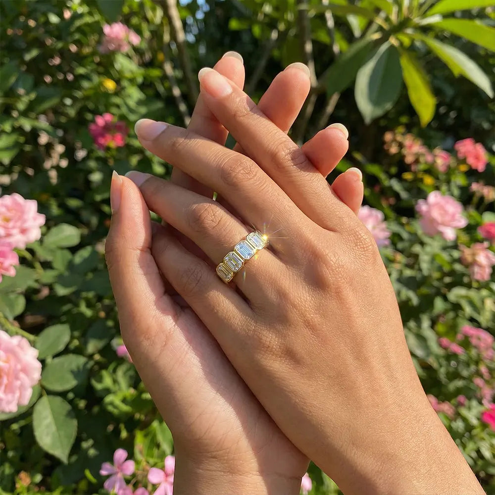 5-Stone Emerald Cut Moissanite Wedding Ring for Women 2.5ct D Color Lab-Grown Gemstone S925 Silver Plated 18K Gold Ring
