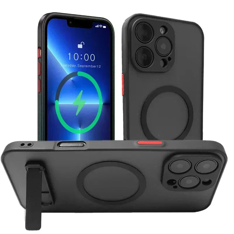 Magnetic Phone Case with Metal Kickstand for iPhone 16 Pro Max 15 14 Plus 13 12 Mini Stand Cases Back Cover with Holder