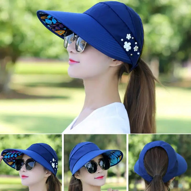 Summer Women Wide Brim Empty Top Hats Flower Pearls Floppy Foldable Sun Protection Hats Outdoor Beach Tour Visor Baseball Cap