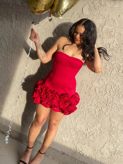 Christmas Dress Strapless Backless Red Structured Floral Embellished Mini Length Bodycon Celebrity Party Cocktail Dress