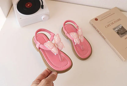 Korean Style Little Girl Sandal Clip-toe Children's Princess Beach Slippers Sweet Lace Butterfly Kids Fashion Flat Sandals New