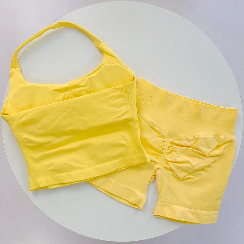 2 Pieces Sports Set Women Backless Halter Tops High Waist Seamless Hight Stretch Shorts Gym Suit Sportswear Workout Sets