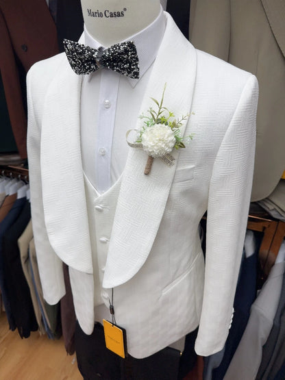 Men's White Patterned Wedding Suit, Elegant Fully Jacquard Set, Formal Groom Tuxedo, Modern Shawl Lapel Jacket With Vest Pants