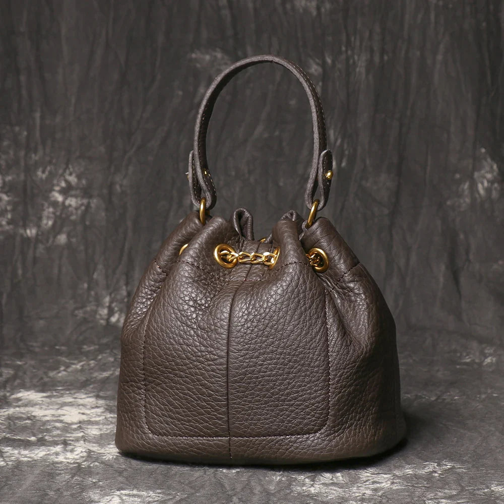 Metal Drawstring Versatile Women's Handbag Genuine Leather Chain Crossbody Bag Vintage Bucket Bag Mobile Phone Bag