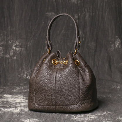 Metal Drawstring Versatile Women's Handbag Genuine Leather Chain Crossbody Bag Vintage Bucket Bag Mobile Phone Bag