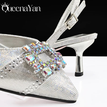 Elegant Noble Party Wedding Shoes And Bag Pointed Toe Decorated With Rhinestone Women Heel Shoes