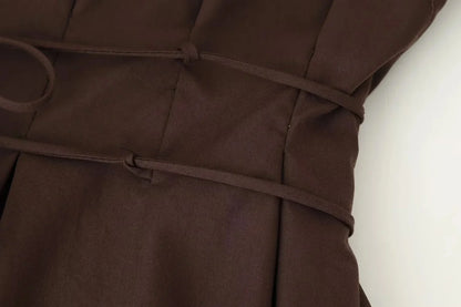 Spring Summer Vintage Women Dress Fashion Single Breasted Sashes Draped V Neck Sleeveless Chic Brown Ladies Dresses