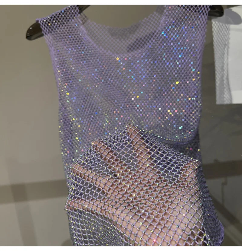 Women&Men Crystal  Rhinestones Shiny Sexy Y2K Tank Tops High Quality Party Club Sexy See Through Mesh Hollow Out Diamond shirt