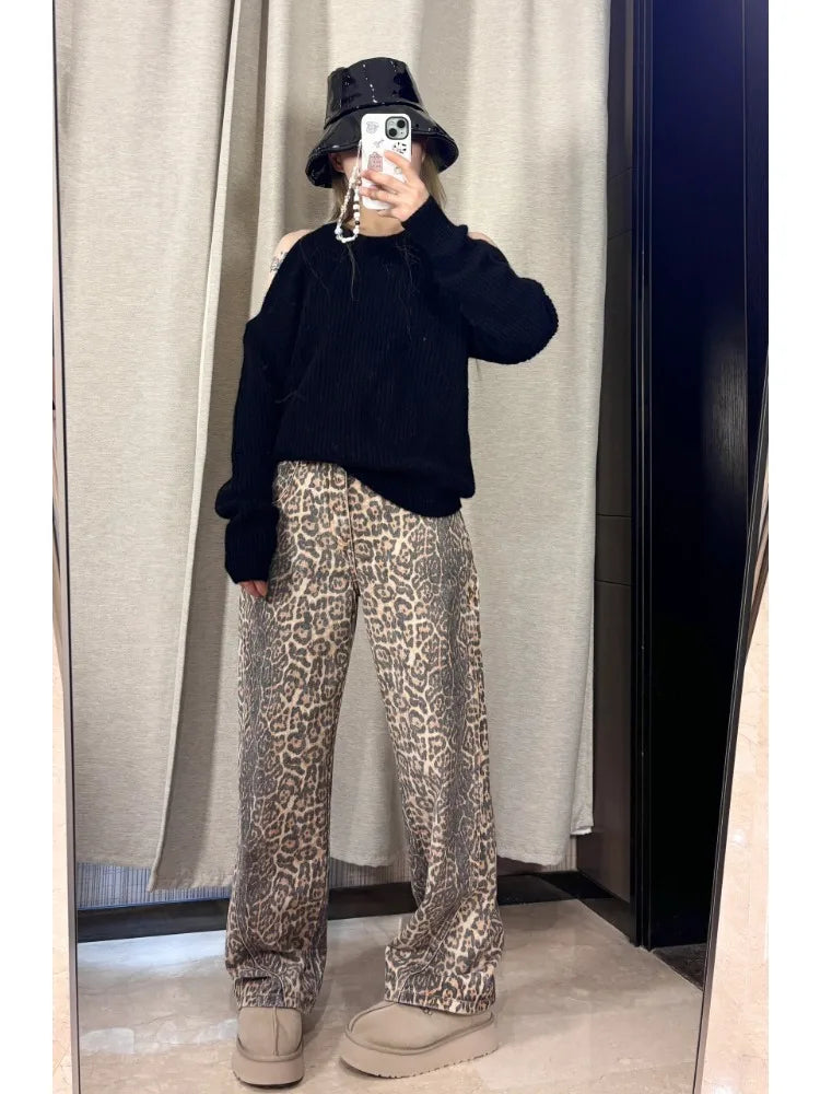 High Waist Straight Jeans Hip-hop Leopard Print Pants