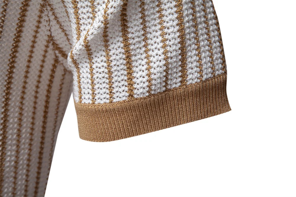 2025 Men's Striped Mesh Polo Shirt - Breathable Contrast Panel Knit Top with Turn-Down Collar