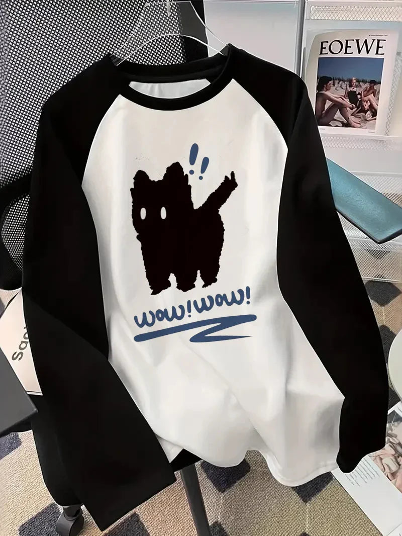 Camiseta Engraçada Manga Longa Gato Preto Outono Inverno Feminina Casual com Gola Redonda