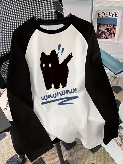 Camiseta Engraçada Manga Longa Gato Preto Outono Inverno Feminina Casual com Gola Redonda