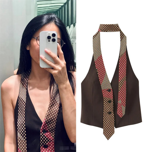 Women's Top 2026 Spring New Style Dark Brown Sleeveless Halter Neck with Tie Decoration Vest Sexy Fashion Unique and Versatile
