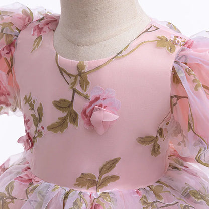 Girls 3D Rose Bubble Sleeves Princess Dress New Children's Fashion Lace Dress Carnival Birthday Party Performance Clothing