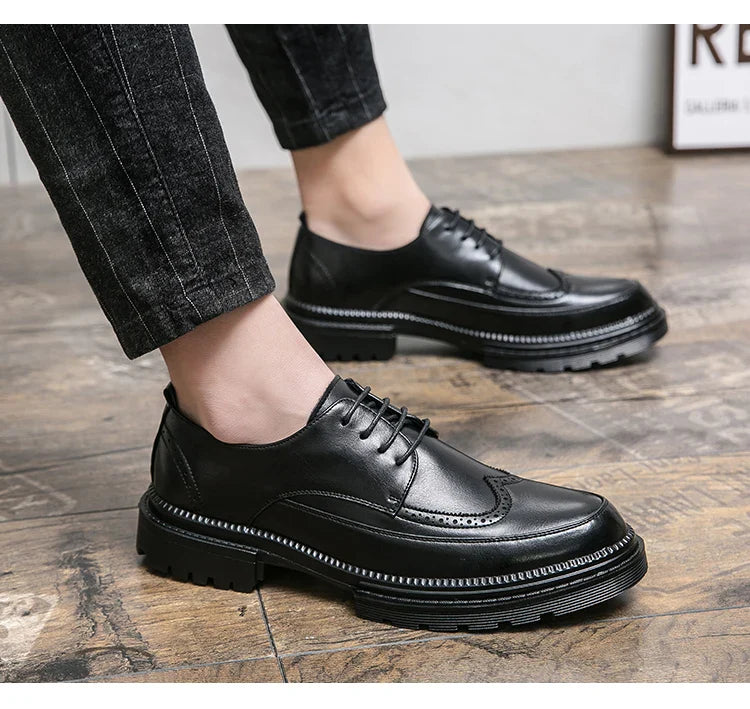 New Brock engraved casual leather shoes for men genuine leather business formal wear British thick-soled height-increasing style