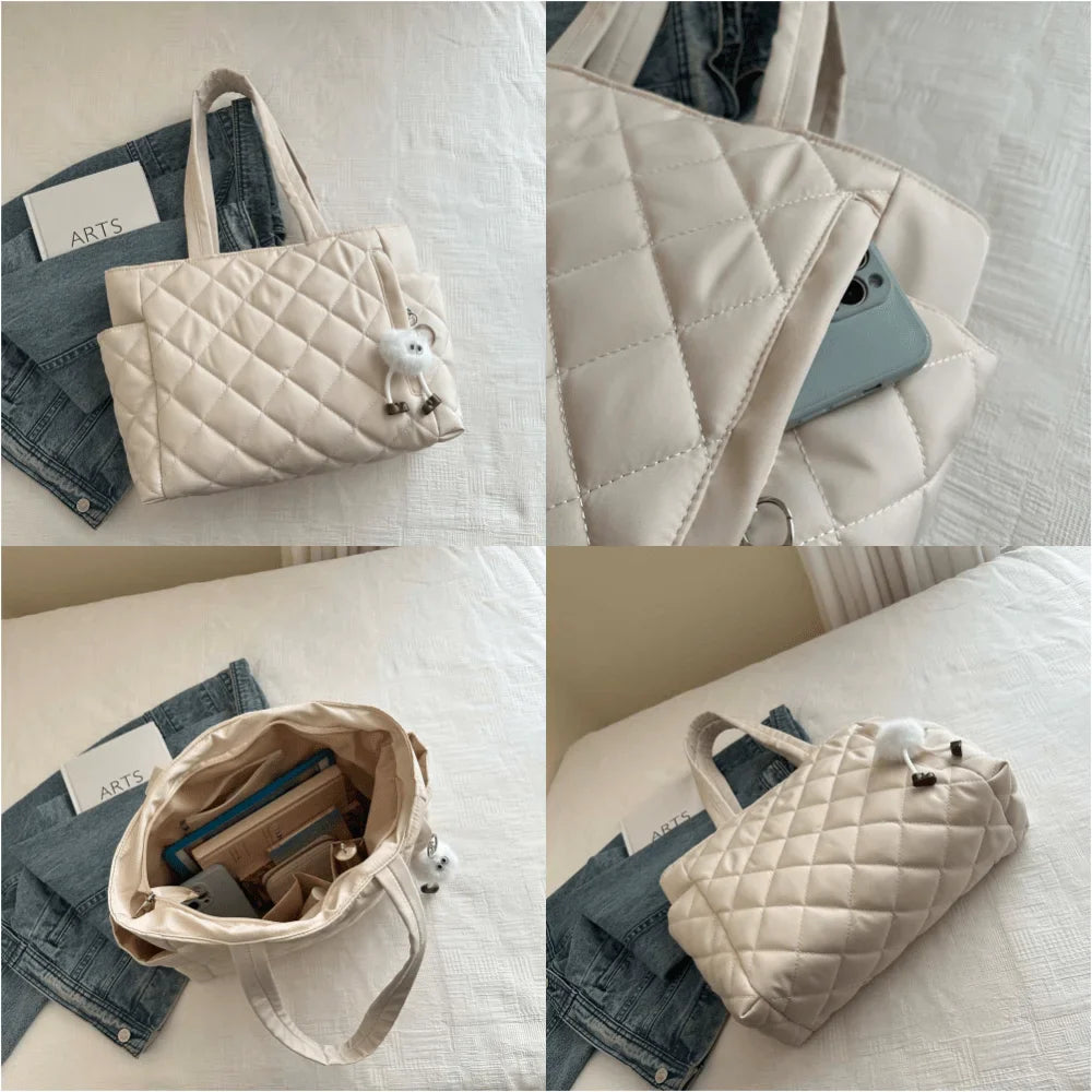 Fashionable Quilted Tote Bag with Cute Plush Bag Decoration, Autumn Leisure Large Capacity Handbag Daily Commuting Shoulder Bag
