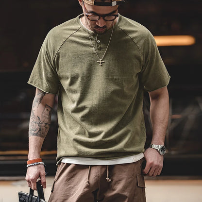 Japanese Vintage Heavyweight Henley T-Shirt Men Distressed Loose Short Sleeve Tops Casual Button Cotton Washed Tee Shirts
