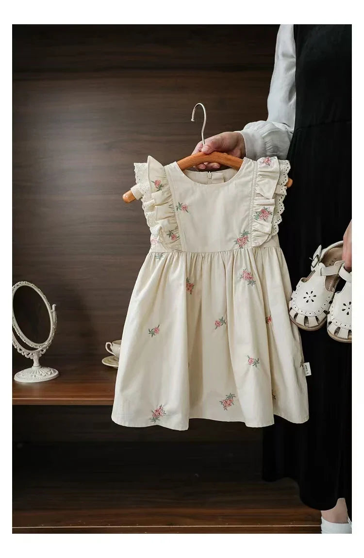 Summer Girls Dress Children's Clothing Bow Embroidered Flower Collar Girl's Dress Cartoon Printed Flying Sleeves Princess Dress