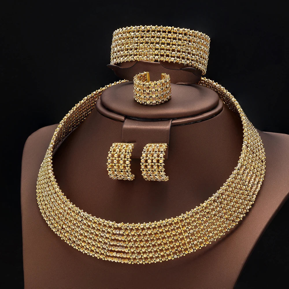 Dubai Casamento Nupcial Conjuntos Completos De Joias Para Mulheres Festa Luxo Nigéria Banhado A Ouro Contas Gargantilha Colar Conjunto De Joias