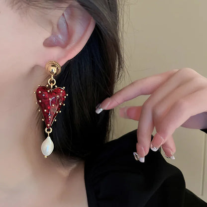 Charming Red Color Resin Love Heart Dangle Earrings for Women Baroque Freshwater Pearl Long Earring Wedding Party Jewelry
