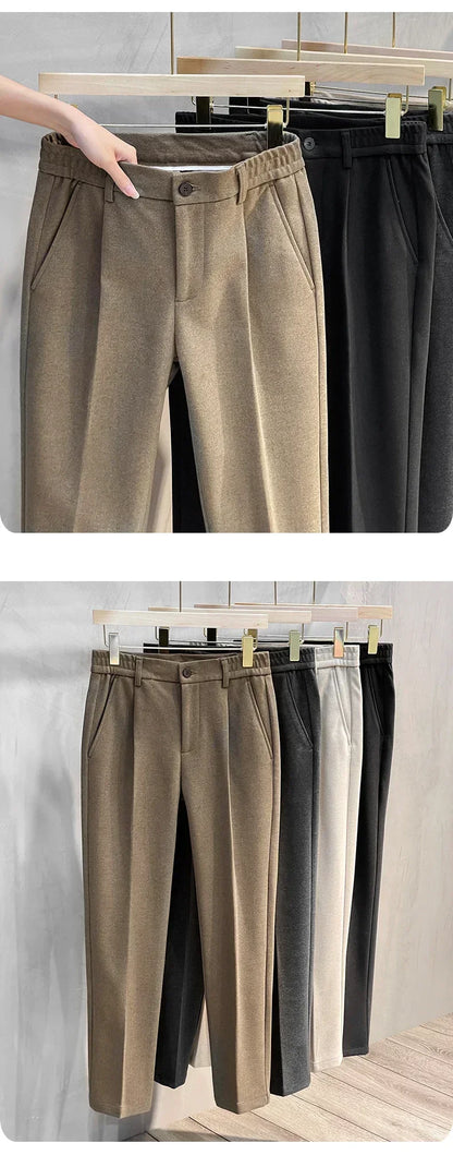 Woolen Suit Pants Men's Autumn Winter New Korean Formal Business Pants Slim Straight Elastic Waist  Fashion Tapered Trousers