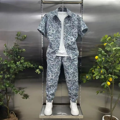 Summer Shirts+Pants Men Sets New Men Casual Print Shirt Two Piece Mens Sportswear Jogger Tracksuits Fashion Suit