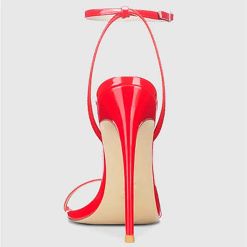 New Red High Heel Sandals with Women's Thin Heel, Metal Leather Strap, Black Sexy, Open toed Style, Foot Ring33-46