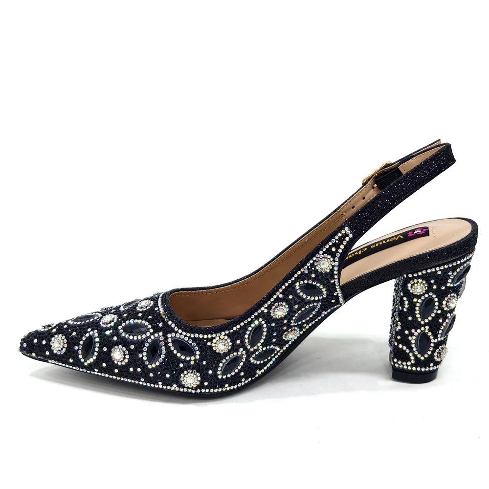 Black Color Elegant High Heels Nigeria Popular Design African Ladies Shoes And Bag Set For Party