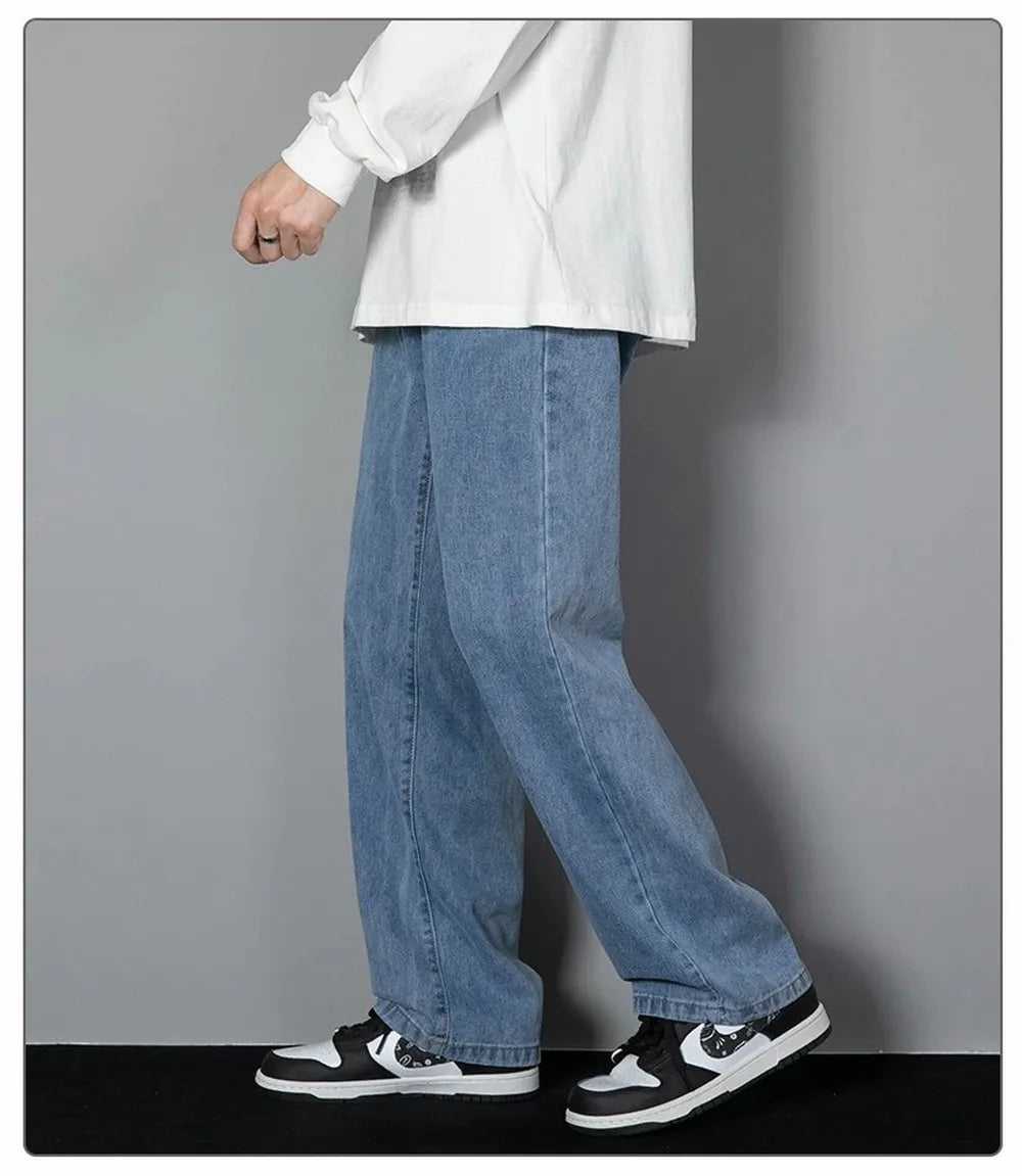 Korean Solid Colors Men's Casual Long Jeans Classic Man Four Seasons Straight Denim Wide-leg Pants Light Blue Grey Black 3XL