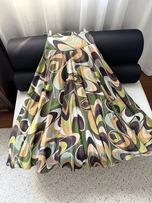 Summer Fashion Beach Resort Vintage Geometric Print Long Skirt Women's Party Elegant Middle Waist Slim A-Line Big Swing Skirt