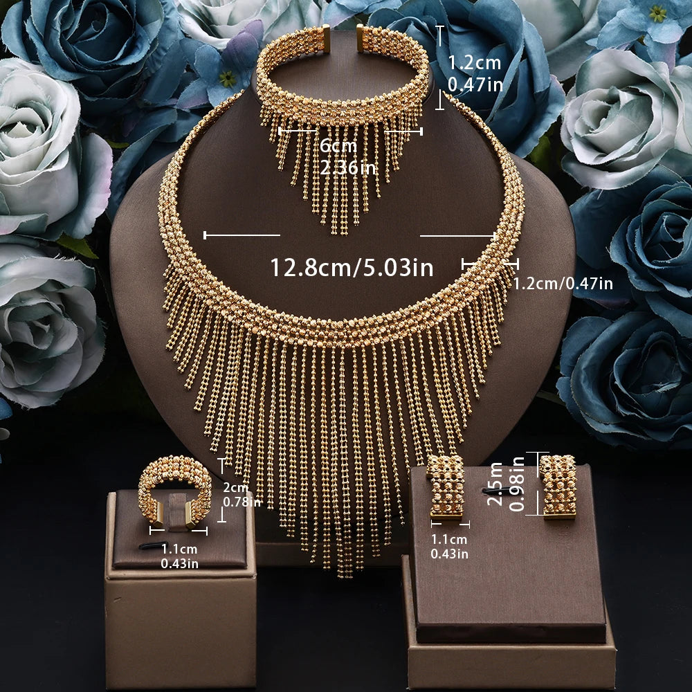 Conjunto de Joias de Casamento de Luxo Dubai Nigéria Conjuntos de Joias Nupciais para Mulheres Festa Colar de Cobre Banhado a Ouro com Contas de Borla