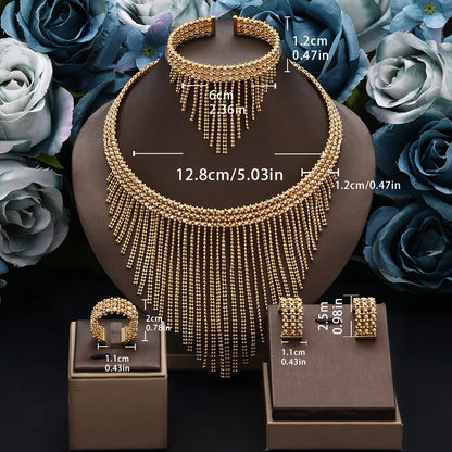 Conjunto de Joias de Casamento de Luxo Dubai Nigéria Conjuntos de Joias Nupciais para Mulheres Festa Colar de Cobre Banhado a Ouro com Contas de Borla