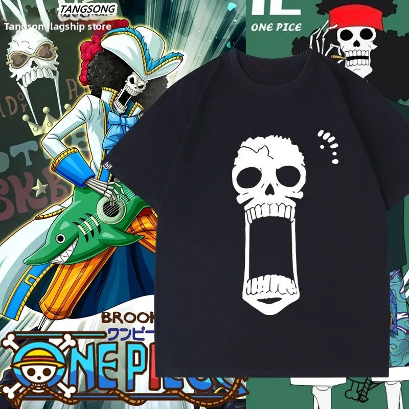 Animation Derivatives Straw Hat Crew BROOK Printed Short Sleeve T-shirt Men's Women's Fashion Loose Cotton Casual Top