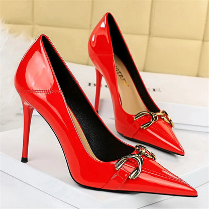 Women 7cm 10cm High Heels Wedding Bridal Replica Pumps Lady Scarpins Metal Chain Buckle Low Heels Stiletto Nude Green Prom Shoes