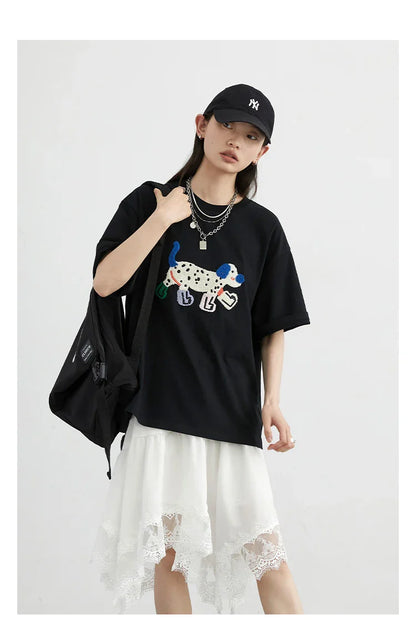 CHIC VEN Camisetas Femininas Soltas Streetwear Unissex Divertido Cão Bordado Manga Curta Algodão Blusas Menina Femininas Verão 2025