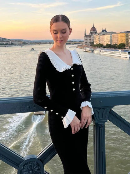 High Waist Ruffled Maxi Dresses For Women Autumn Winter Knitted Slim Long Dress Women's Vintage Dress Woman Retro Elegant