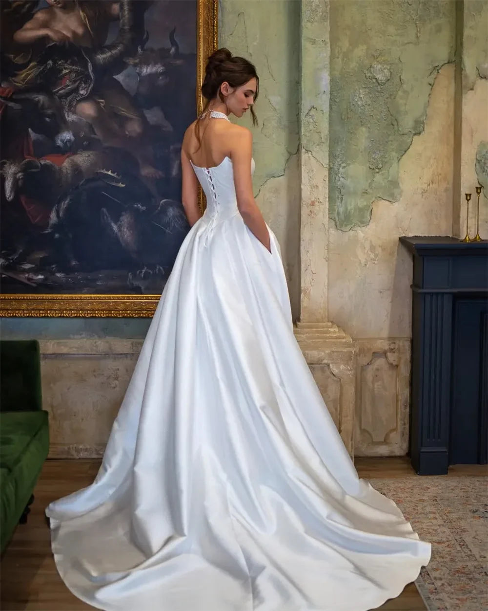 Satin Strapless A-Line Wedding Dress Backless Corset Evening Dress  فستان ماركه свадебное платье