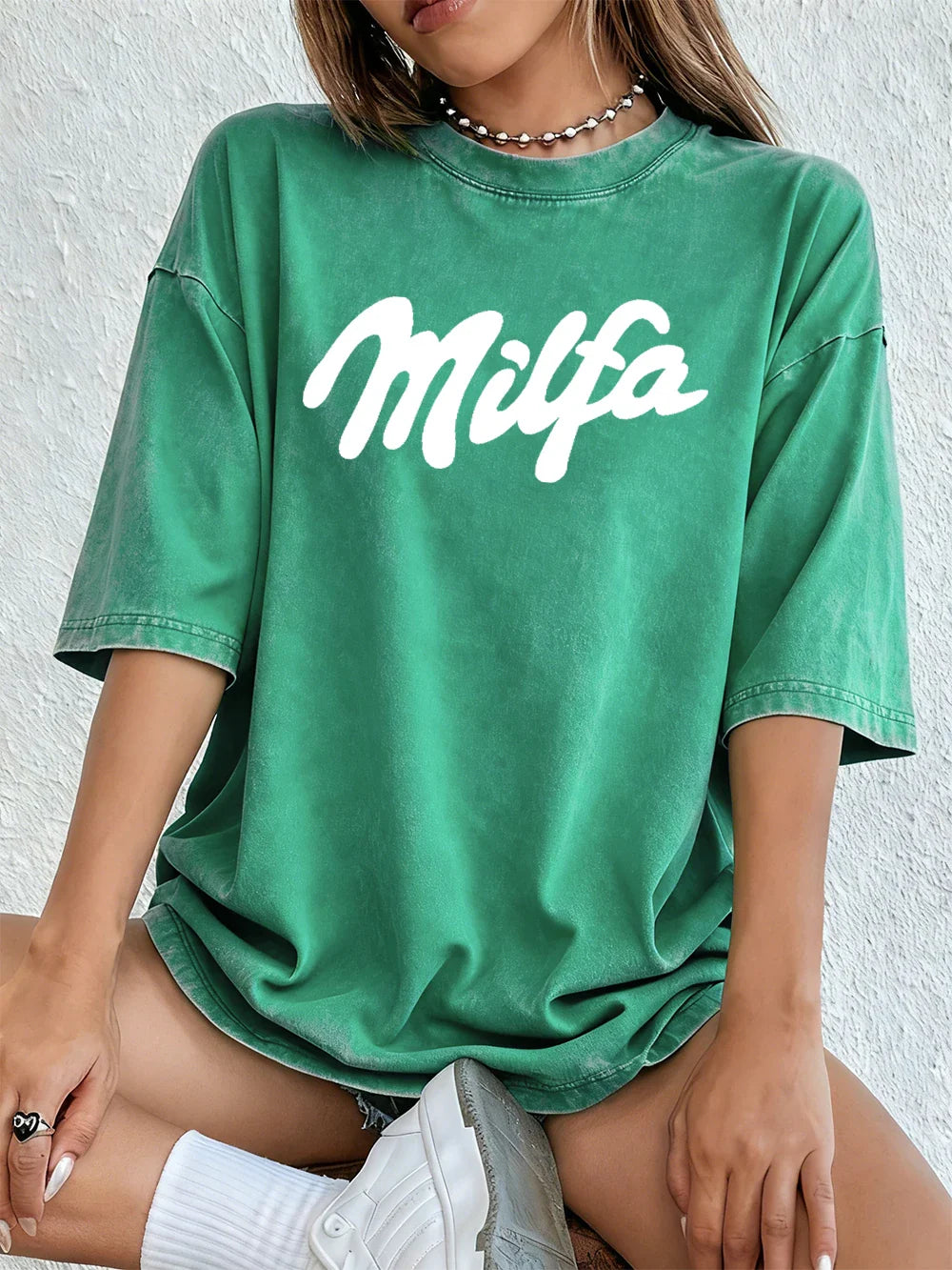 Milfa Purple Art Letter Printing Washed T-Shirts Womens Cotton Short Sleeve Tops Street O-Neck Oversize T Shirt Summer Clothes