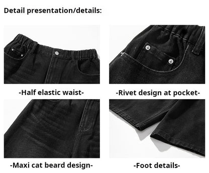 2025 Summer Men's Wide Leg Jeans Shorts Vintage Distressed Wash Y2K Straight Elastic Waist Loose Casual Relaxed Fit
