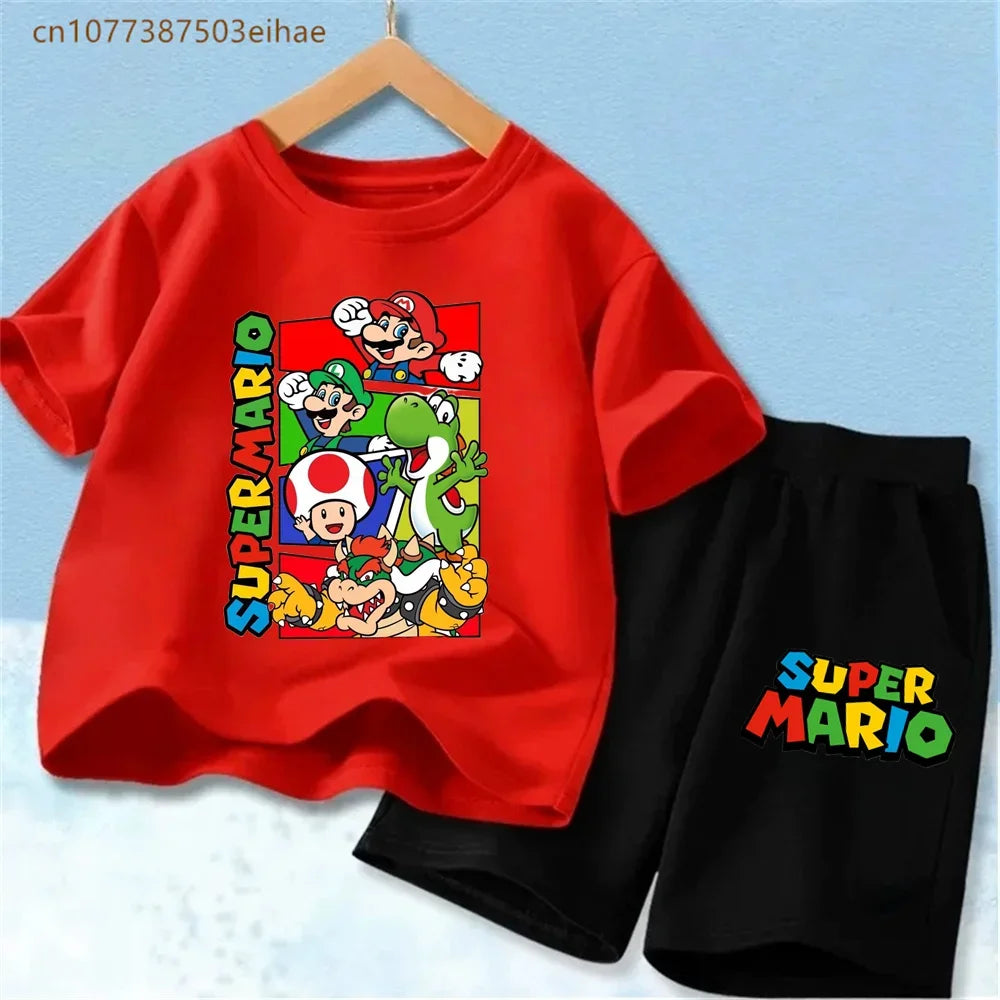 Lovely Mario Pattern Boys Girls Clothing Sets Soft Cotton Short Sleeve T Shirt + Casual Shorts 2PCS Summer Daily Wear Outfits