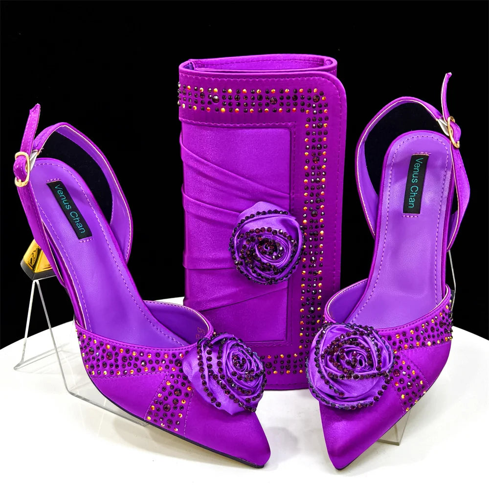 Newest Arrival Fashion Shoes Matching Bag Set in Rose Blossoms Decorated with Rhineston For Ladies Wedding Party