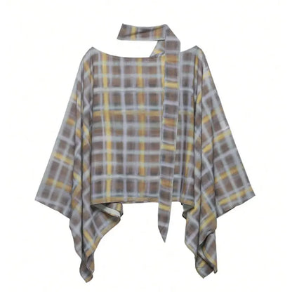 Women Fashion Plaid Print Blouse Vintage Casual Loose Asymmetric Hem Tops With Scarf Summer Thin Female Holiday Beach Outfits