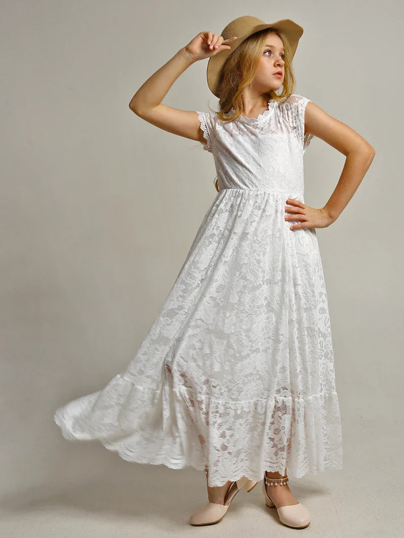 Princess Girls Lace Bohemia Long Dresses Baby Kids Flower Wedding Party Dress Cotton Lining Vestidos Costume Children Clothing