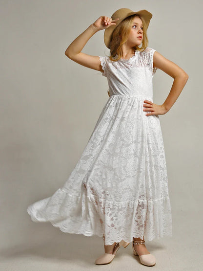 Princess Girls Lace Bohemia Long Dresses Baby Kids Flower Wedding Party Dress Cotton Lining Vestidos Costume Children Clothing
