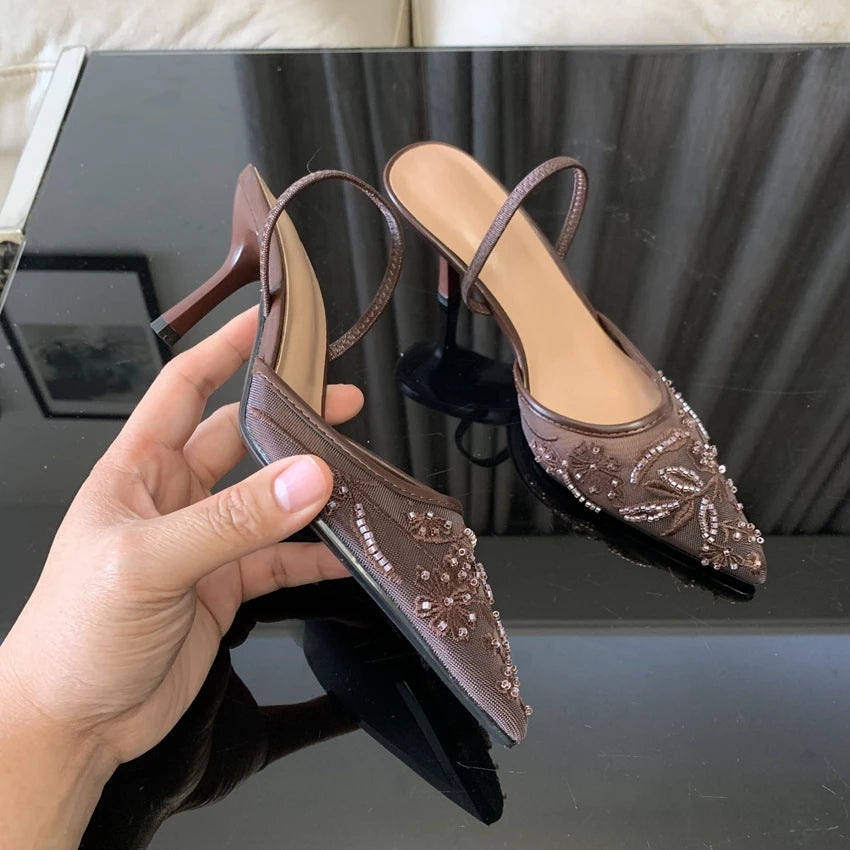 Summer Pointed Toe Mesh Embroider High Heels for ladies Elegant String Bead pumps Sexy Luxury Designer Shoe Brown Heeled Sandals