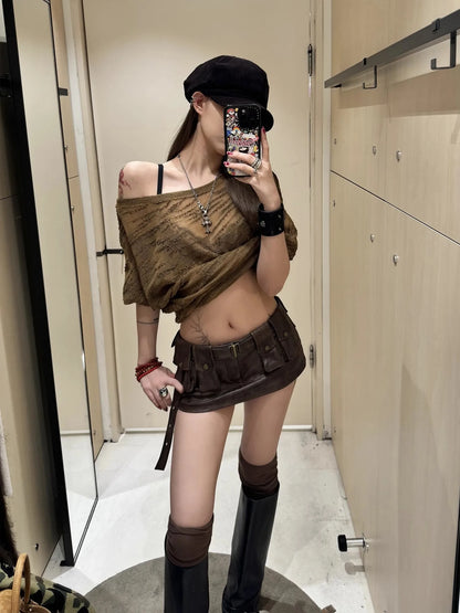 Spring Summer Cool Sexy Vintage Distressed Brown Pu Leather Mini Skirt Women Three-dimensional pockets Belt Streetwear