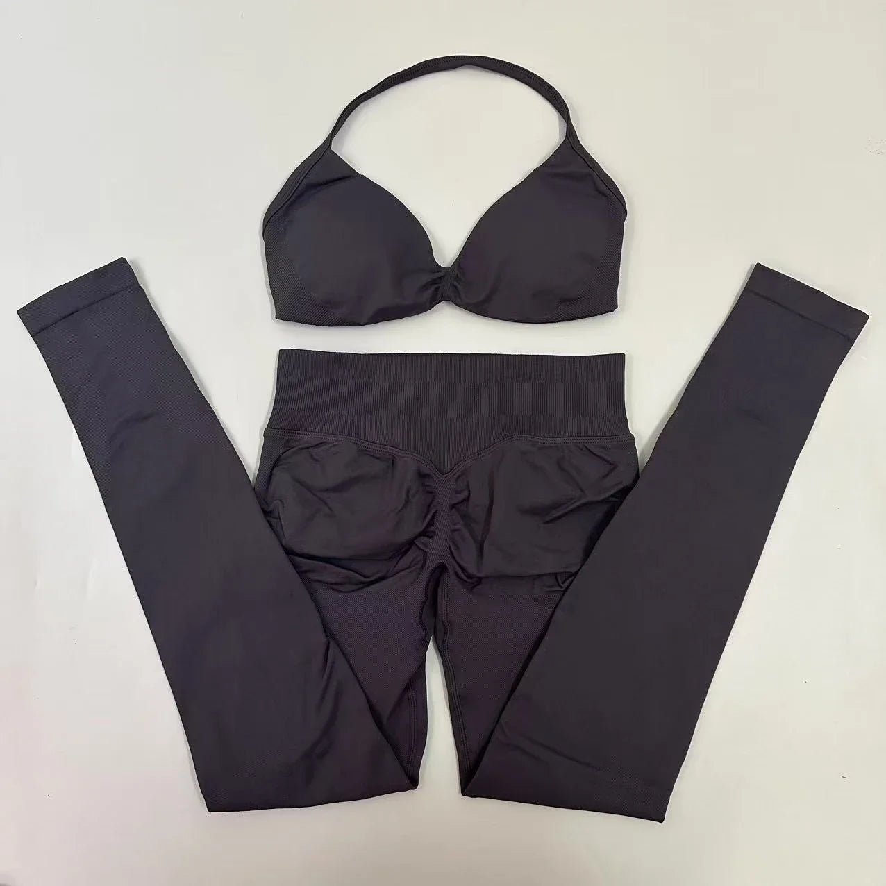 2pcs Seamless Yoga Set Women Yoga Scrunch Leggings Set Strappy Halter Sports Bra Fitness Gym Clothing Workout Set
