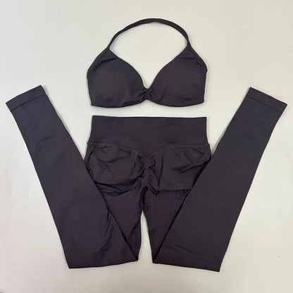 2pcs Seamless Yoga Set Women Yoga Scrunch Leggings Set Strappy Halter Sports Bra Fitness Gym Clothing Workout Set