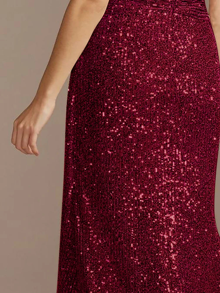 Luxury Red Floor Length V-Neck Evening Dresses Women Elegant Wedding Party Maxi Sequins Short Sleeves Prom Cocktail Gowns