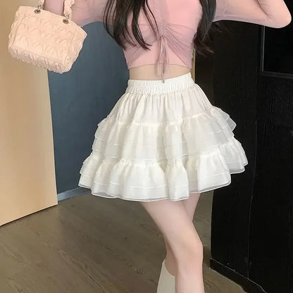 Black White Ruflles Mini Skirt for Women Elastic Waist Tiered Lace Tulle Skirts Shoujo Giris Y2K Kawaii Lolita Style